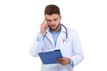 Young Worried doctor with pensive gesture isolated on white background