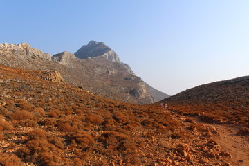 Rough Balos Lagoon (or Balos Beach) trail and territory in northwestern part of Crete Island, Greece. After 10 kms of bumpy car road, about 7 kms of footpath leads to the famous beach.