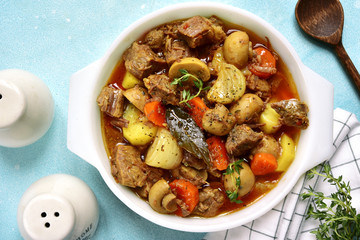 Slow cooker meat with vegetables in tomato sauce.Top view.