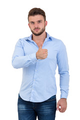 Fototapeta premium Portrait Of A Happy Young Man Showing Thumb Up Sign Isolated On White Background.