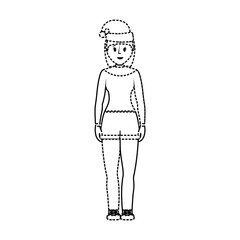 flat line uncolored woman with santa hat over white background  vector illustration