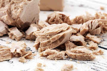 Dry yeast crumbled and yeast block for baking.