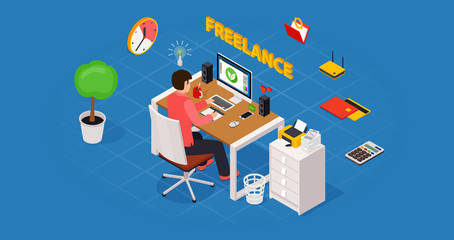 Colored 3d isometric freelance designer workplace vector concept illustration.