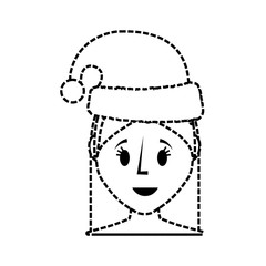 flat line uncolored  woman face with santa hat  sticker over white background  vector illustration