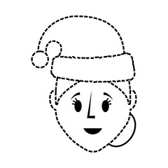 flat line uncolored  woman face with santa hat  sticker over white background  vector illustration