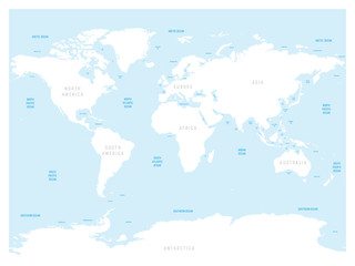 High detailed World map. With labels of main oceans, seas, gulfs, bays and straits. Vector map with white lands and blue water.