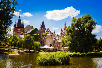 Beautiful medieval castle on the lakefront. City Park of Budapest Hungary.