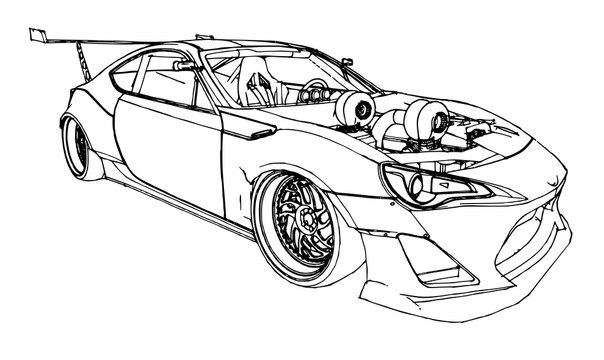 Sports car. Stock Illustration in the style of hand-drawn linear graphics.