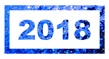 2018 in frame on blue glitter textured background, isolated on white