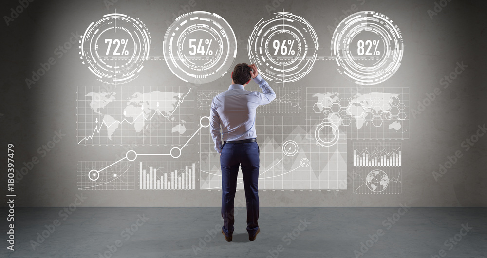 Aufkleber Businessman using graph screens interface on a wall 3D rendering