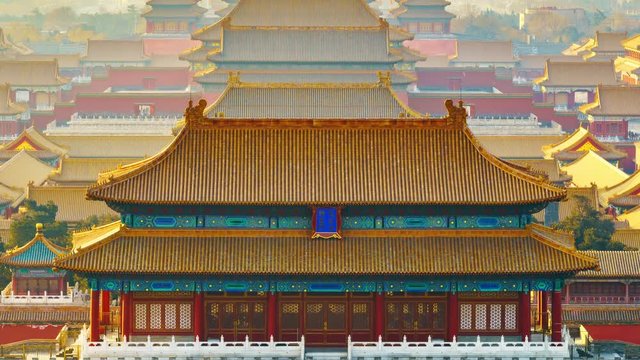 4K Zoom out Time-Lapse: China Beijing, Aerial View of Forbidden City at Sunrise. The Forbidden City has over 14 million annual visitors.