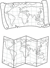 Vector illustration of an old and a new world map. Lines of a treasure hunt and fold up types of maps.