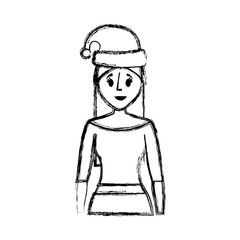flat line uncolored  woman with  santa hat over white background  vector illustration