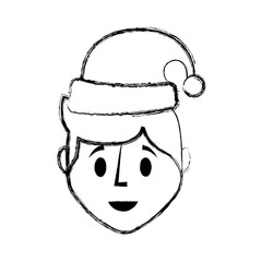 flat line uncolored  man face with  santa hat over white background  vector illustration
