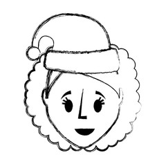 flat lien uncolored woman face with santa hat over white background  vector illustration