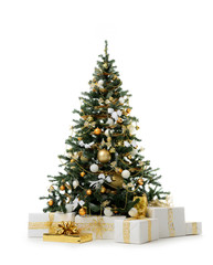 Decorated gold Christmas tree with golden patchwork ornament artificial balls and gift presents for...