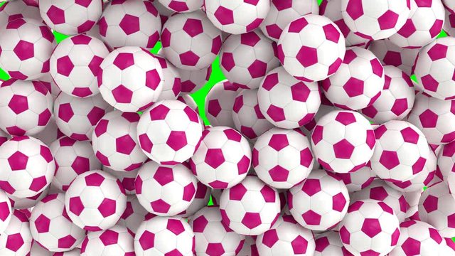 Animated simple soccer balls with plain white and pink material falling and tumbling filling up container against green background. Top camera view.