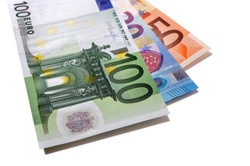 Euro fifty 50 twenty 20 and one hundred 100 currency money bill note or banknote fan shape isolated on white background photo