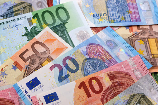 Euro various selection set currency money bill note or banknote heap pile background photo