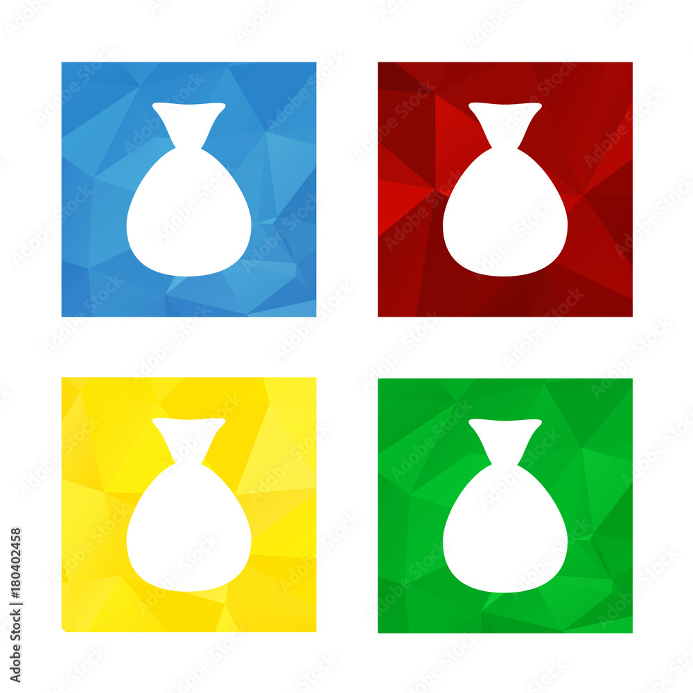 Poster colorful triangular low poly button in square shape with flat icon representing money bag