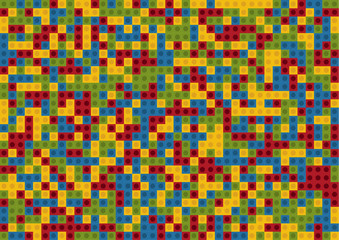 Seamless background pattern made of construction block toy bricks in muted 4 colors - green, yellow, red and blue, darker version