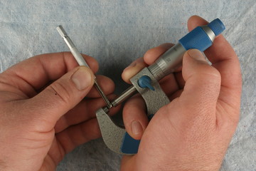 Imperial Vernier Micrometer,  small hole gauge, blue shop towel background