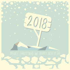 Iceberg with a sign and numbers two, zero, one and eight on it. Under the iceberg ice and the phrase merry Christmas and happy new year.