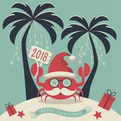 Christmas on the island. Depicts two palm trees, a crab in Santa Claus hat, garlands of snowflakes, presents on the sand , starfish and scarf with the words merry christmas.