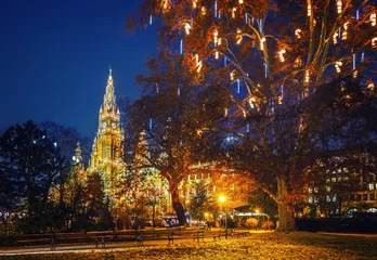 Gordijnen Stadhuis en park van Wenen versierd voor Kerstmis © sborisov