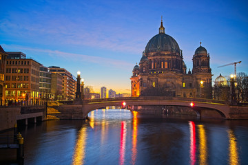 Berlin Cathedral on Spree river at night, Berlin, Germany