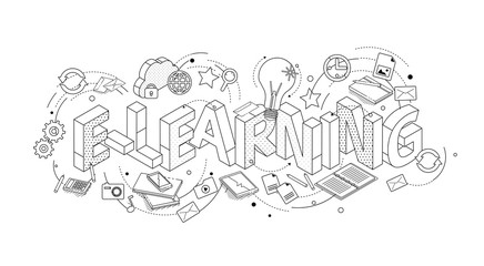 Isometric concept with thin line letters, typography word e-learning