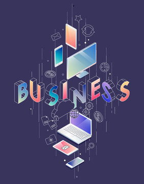 Isometric concept with thin line letters, typography word business