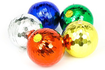 five colorful christmas balls
