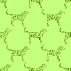 Dog. Seamless pattern. Boho style. Hand drawn dog with abstract patterns on isolation background. Zen art. Design for spiritual relaxation for adults. Design Zentangle. Art creative. Illustration