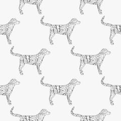 Dog. Seamless pattern. Boho style. Hand drawn dog with abstract patterns on isolation background. Zen art. Design for spiritual relaxation for adults. Design Zentangle. Art creative. Illustration