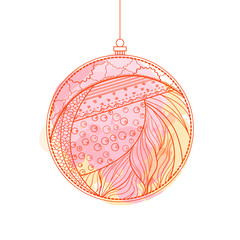 Christmas tree toy. Watercolor stain. Happy New Year. Zentangle. Hand drawn element with abstract patterns on isolation background. Design for spiritual relaxation for adults. Line art creation