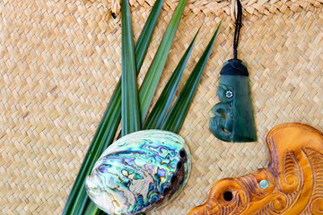 New Zealand - Maori themed objects - Jade Pounamu Tiki Toki, Paua and Patu