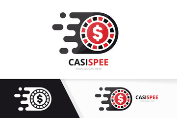 Vector fast casino logo combination. Speed chip symbol or icon. Unique roulette game and digital logotype design template.