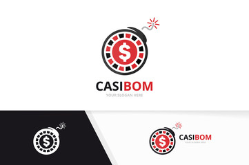 Vector casino and bomb logo combination. Chip and detonate symbol or icon. Unique roulette game and weapon logotype design template.