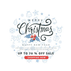 Merry Christmas and Happy New Year sale banner background with christmas icon set.discount gift voucher card for Xmas Holiday.Calligraphy.Vector illustration template.greeting cards.