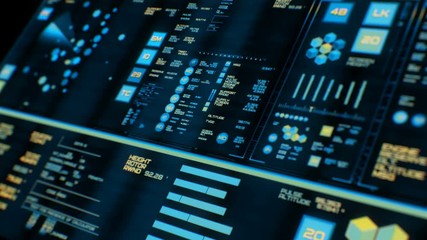 Perspective view of colorful futuristic interface/Digital screen/Detailed abstract background. Blinking and switching indicators of command center computer,processing data, AI. - Powered by Adobe