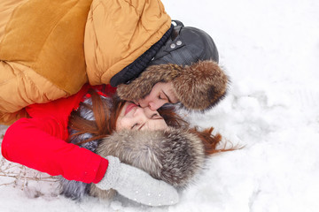 Loving couple of teenagers. Winter