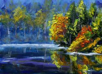 Ursprüngliches Ölgemälde Hellgrüne orangefarbene Herbstbäume, die sich im Wasser spiegeln. Morgenlandschaft ist Herbst auf dem Meer. Natur. Flussufer. Ländliche Landschaft. Handbemalte Impressionismus Spachtelmalerei. © weris7554
