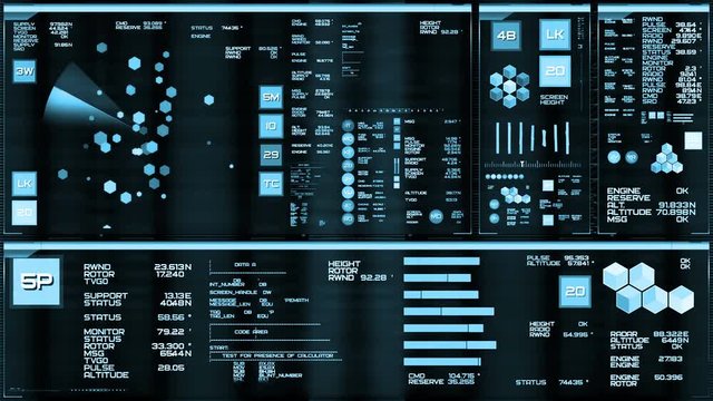 Light blue futuristic interface/Digital screen/Detailed abstract background. Blinking and switching indicators of command center computer,processing data, AI.