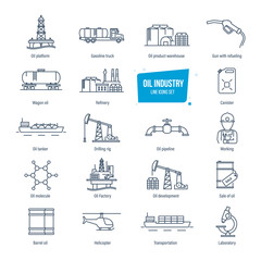 Oil industry line icons set. Gas station, factory, transportation, buildings.