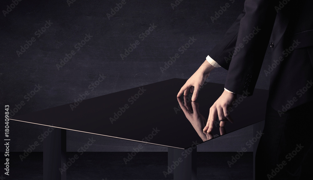 Poster Close up of a hand touching smart table with copy space