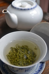 A cup of fragrant Chinese tea, Long Jing.