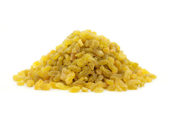 pile of golden raisins on white background