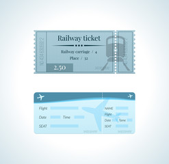 Ticket for train, and a ticket for an airplane flight.