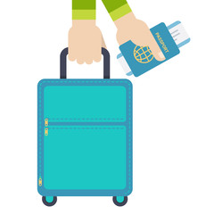 Hand holding travel bag, passport and ticket. Vector illustration on white background in flat design